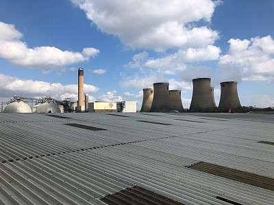 Selby salads cold store roof, drax power station in back ground